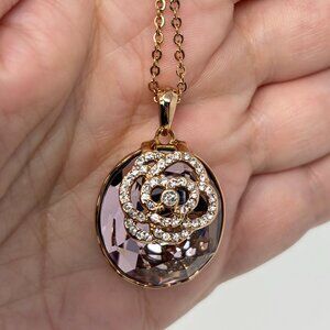 Large Pink / Lavender Stone w/ Clear Gems Flower Shape Rose Gold Metal Necklace